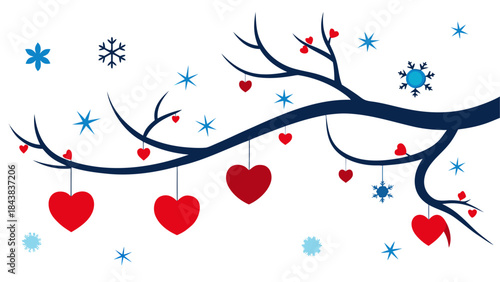 A stylized winter tree branch decorated with hanging red hearts and snowflakes.