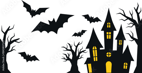 Haunted house Halloween scene, glowing windows, flying bats, spooky trees, black yellow silhouette, eerie festive illustration design