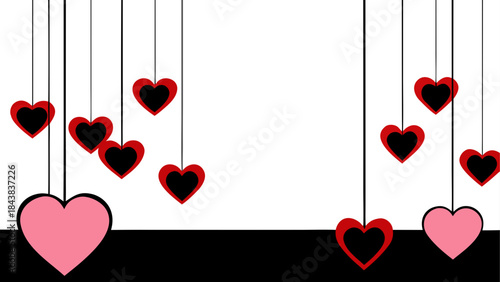 A minimalist illustration of red and pink hearts hanging from strings on a black and white background