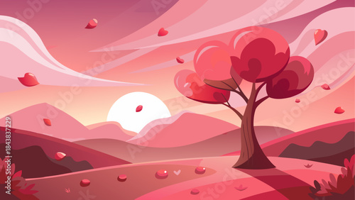 Pink landscape illustration featuring a stylized tree with heart leaves during a romantic sunrise