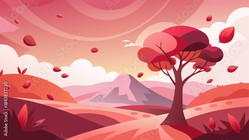 A vibrant autumn landscape with a single tree and falling red leaves