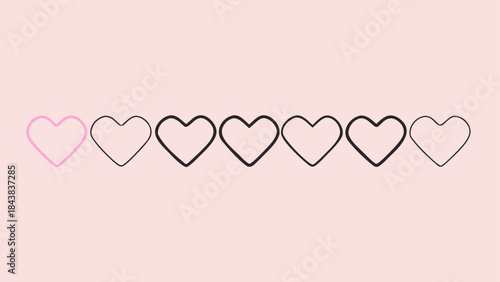 A row of seven heart outlines in minimalist design with one heart highlighted in pink