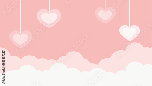 A dreamy pink sky background with cute hanging hearts and fluffy clouds