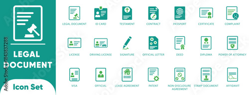 Legal document and contract vectors. Features patent, deed, will, license, and affidavit symbols. Ideal for law firm UI, notary apps, and court forms.