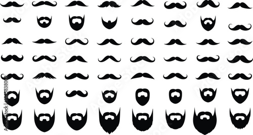 Mega Collection of Mustache and Beard Silhouette Vector Set, Men's Facial Hair Grooming Style, Retro, Hipster, and Classic Barber Shop Graphic.