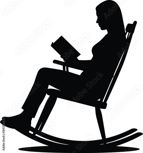 Black Silhouette Vector Illustration of Young Woman Reading Book in Rocking Chair, Leisure Relaxation, Cozy Minimalist Interior Design Element, Quiet Solitude, Education, Knowledge, Vintage Furniture.