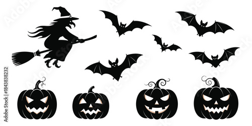 Spooky Halloween silhouette elements featuring a witch flying on a broom, bats in flight, and carved pumpkins with glowing eyes, perfect for festive decorations and party invitations