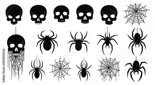 Creepy Halloween icons skulls and spiders on white background, perfect for festive decorations and spooky themes