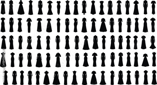 Extensive Women's Formal and Casual Dress Silhouette Vector Collection, Fashion Apparel Set, Diverse Gowns, Prom, Wedding, Party, and Everyday Attire.