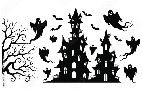 Spooky haunted house with ghosts and bats on a white background, perfect for Halloween decorations and designs