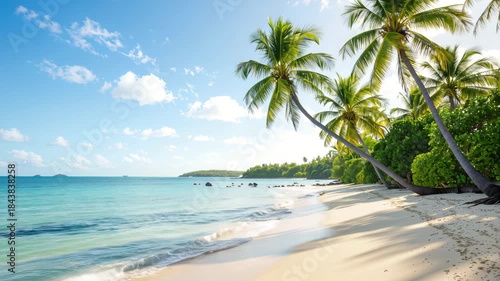 Wallpaper Mural Pristine tropical beach with white sand, towering palm trees, and turquoise ocean on a sunny day for an idyllic summer vacation concept Torontodigital.ca