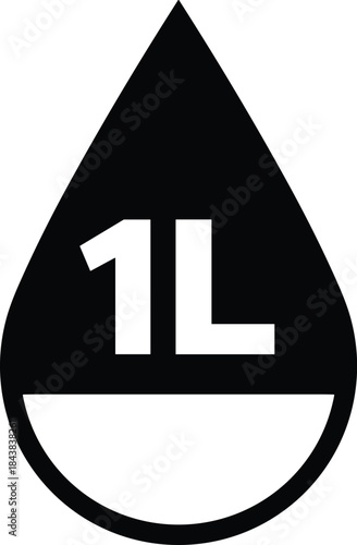 Water Drop Icon with 1L Measurement Symbol: Liquid Volume, Hydration, Capacity, Beverage, Packaging Design Element, Black and White Vector Graphic, One Liter Container