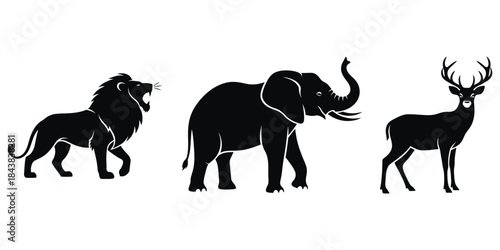 Silhouettes of a roaring lion, an elephant with its trunk raised, and a majestic deer, representing wild animals in nature