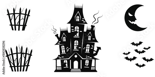 Vector illustration set of classic Halloween symbols, featuring a spooky haunted house, eerie wooden fences, a grinning crescent moon, and flying bats, perfect for festive graphic designs