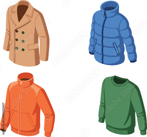 Isometric Winter Clothing Vector Set, Warm Outerwear, Puffer Jacket, Overcoat, Sweater, and Zippered Jacket Collection, Cold Weather Apparel.