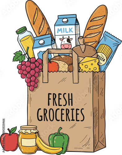 Hand-Drawn Illustration of a Paper Grocery Bag Filled with Fresh Essential Foods, Including Bread, Milk, Produce, and Pantry Staples for Cooking and Healthy Eating