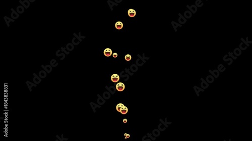 animated smiling face with tears icons rising up. social media live stream haha reaction overlay. floating laughing face emojis on black background. stream of joyful emoticons for video editing. 