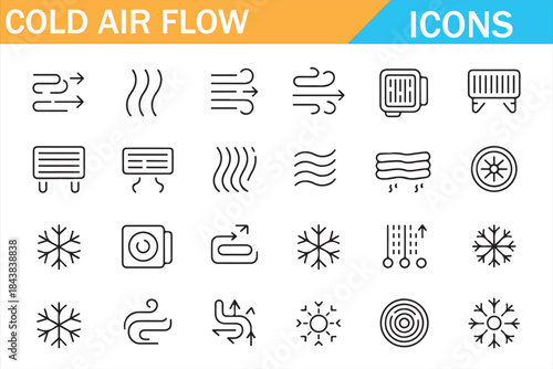 Cold Air Flow and Ventilation Outline Icons Set