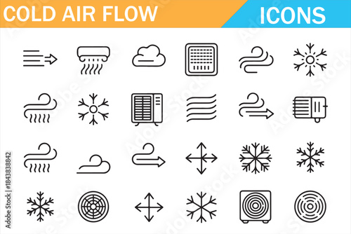 Cold air flow and ventilation outline icons set with cooling fan wind arrows snowflake and HVAC symbols isolated on white background for climate control, apps, web and infographics