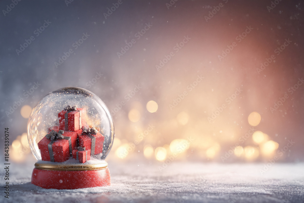 Fototapeta premium Boule à neige remplie de cadeaux rouges sur neige avec forêt floue et lumières dorées en arrière-plan, décor féerique avec espace négatif copyspace pour noël et fêtes de fin d’année