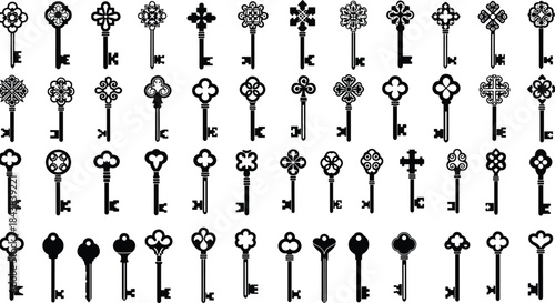 Antique Skeleton Keys Vector Set, Ornate Ornamental Vintage Black and White Silhouettes, Decorative Retro Collection of Old Magic Medieval Door Lock Tumb Key Icons for Digital Graphic Design