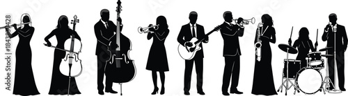 Black silhouette collection of professional jazz and classical musicians playing various instruments, including flute, cello, bass, trumpet, guitar, and drums, isolated vector set