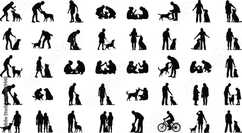 Black silhouette collection of people interacting with dogs, featuring owners petting, training, and walking various breeds, showing animal care and companionship, isolated vector set