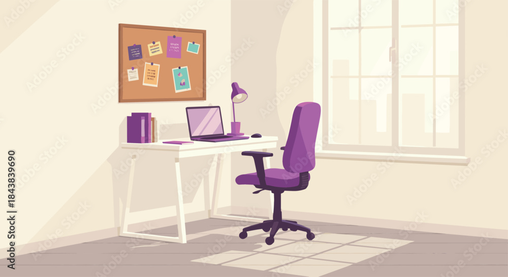 Fototapeta premium Productive Home Office Interior Vector Illustration featuring a Desk, Laptop, Chair, and Bulletin Board for Remote Work and Study. (18 words)