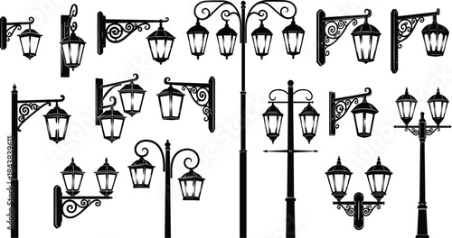 Black silhouette collection of vintage street lamps, wall lanterns, and antique posts, featuring classic decorative design and scrolls, isolated on white, vector set