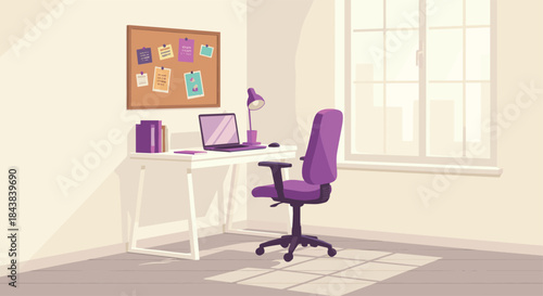 Productive Home Office Interior Vector Illustration featuring a Desk, Laptop, Chair, and Bulletin Board for Remote Work and Study. (18 words)