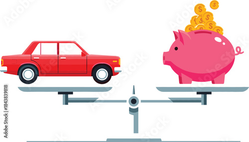 Red car balancing against a coin-filled piggy bank on a scale, symbolizing financial decision-making, the choice between saving and spending, and cost comparison.