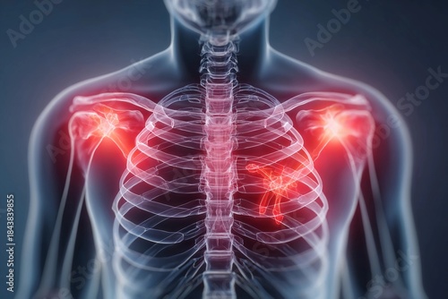 X-ray view of human chest shows ribcage and highlighted areas of pain around shoulders and heart region