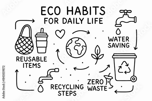 Eco Habits Line Illustration – Recycling, Zero Waste, Reusable Itemsч