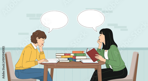 Two Young Women Discussing Learning Material and Sharing Ideas While Studying Together in a Quiet Library or Cafe