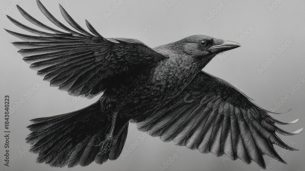 Obraz premium Black crow in flight against a gray background depicting freedom and movement