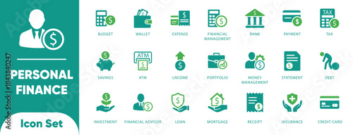 Personal finance vectors. Features savings, debt, mortgage, and tax symbols. Ideal for banking apps, advisors, and money management UI.