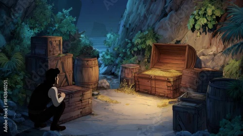 Wooden treasure chest filled with gold coins surrounded by crates and barrels in a jungle cave, hand-drawn style, nighttime backdrop, concept of hidden treasure