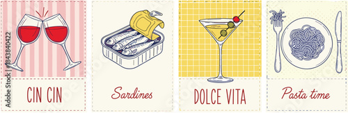 Italian food panel illustration, wine, sardines, cocktail, pasta, dolce vita, cuisine art, festive layout, Mediterranean flavor, lifestyle design