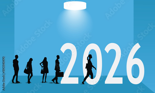 creative idea with new year 2026 comming with a visual idea is starting to 2026 , business people walking through 2026 