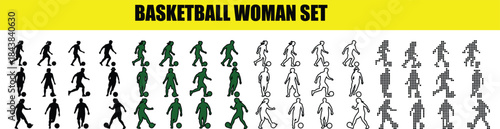 Set collection of basketball woman players, basketball vactor set,basketball icon set in line style, Vector illustration.