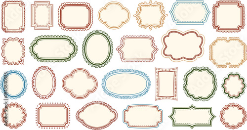 Decorative label frame set, vintage shapes, colorful borders, ornate design, scrapbook elements, dotted outline, scalloped edge, graphic template, retro style
