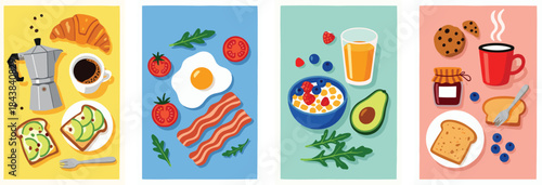 Breakfast panel illustration, coffee, toast, bacon, cereal, juice, cookie, jam, avocado, cucumber, croissant, morning food, colorful layout