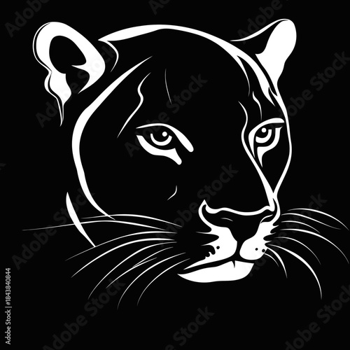 Minimalist black and white panther face silhouette with clean lines and bold contrast vector illustration of wild big cat head for logo or design element use