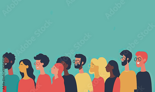 Diverse group of people standing in a row facing sideways with minimalist flat vector design and colorful modern illustration style