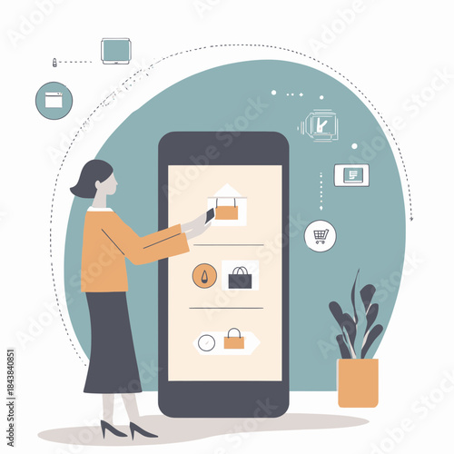 Woman using large smartphone for online shopping with icons for shopping cart, payment, and delivery in flat minimalist vector style illustration