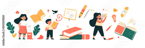 Children learning literature language and foreign language in school classroom with books and educational symbols flat vector illustration education concept