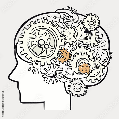 Human head silhouette with intricate interlocking gears illustration symbolizing creative thinking, intelligence, mental process, innovation, and brainstorming concept in doodle style