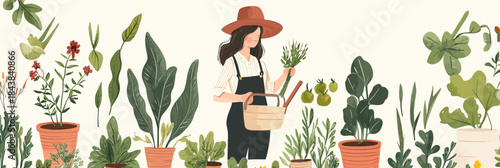 Watercolor illustration of female gardener in hat holding basket surrounded by potted plants and herbs indoor gardening concept with green foliage