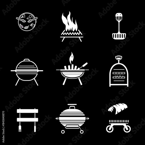 White monochrome vector set of barbecue grill icons with fire, spatula, cooking racks, and meat in minimalist flat style on black background