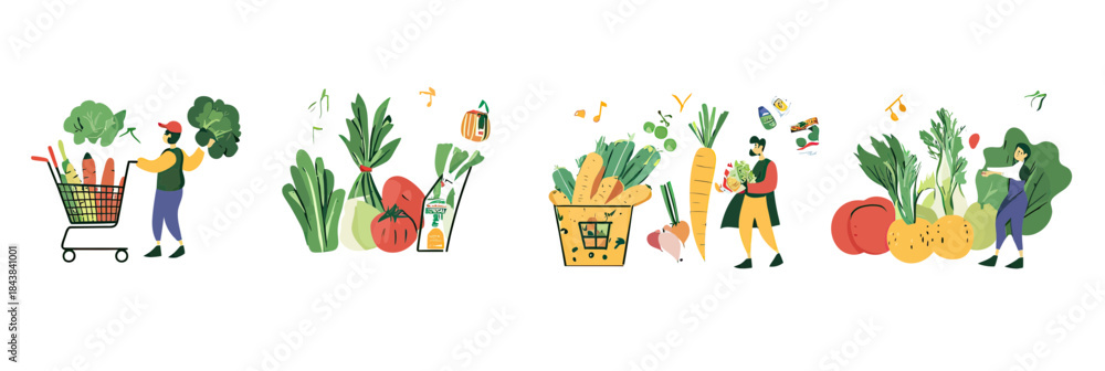 Fototapeta premium Person shopping fresh vegetables in cart and basket with various grocery items including broccoli, carrots, tomatoes, peppers, leafy greens and herbs in flat minimalist vector style illustration